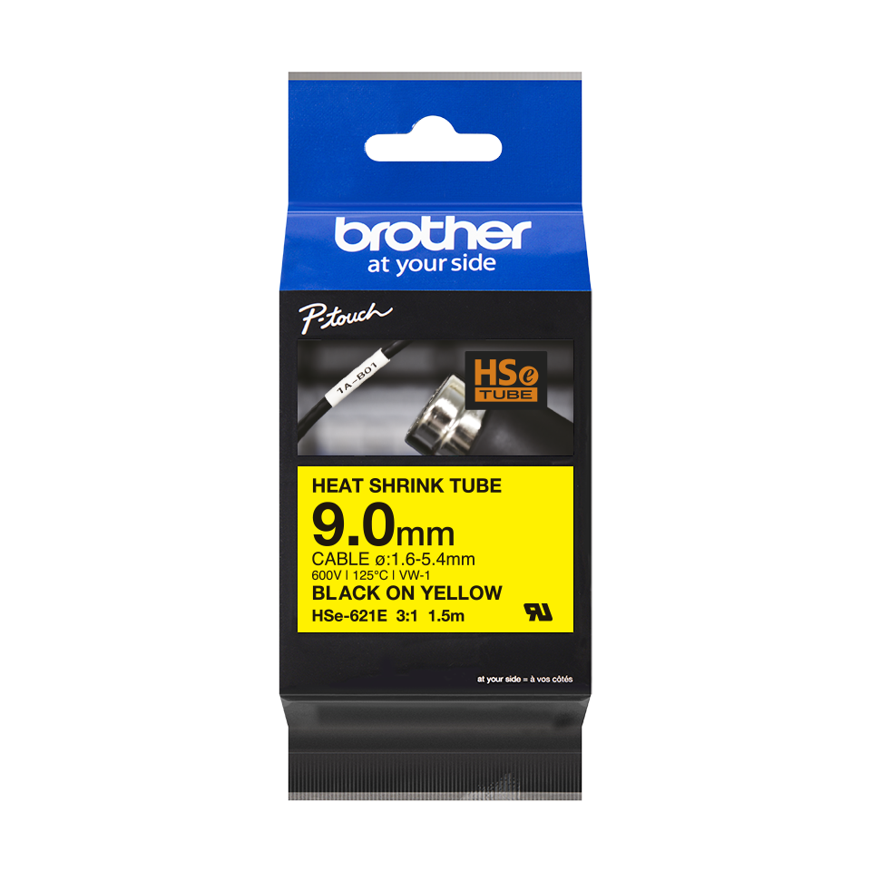 Brother HSe-621E Black on Yellow Heat Shrink Tube - 9mm (New 3:1)